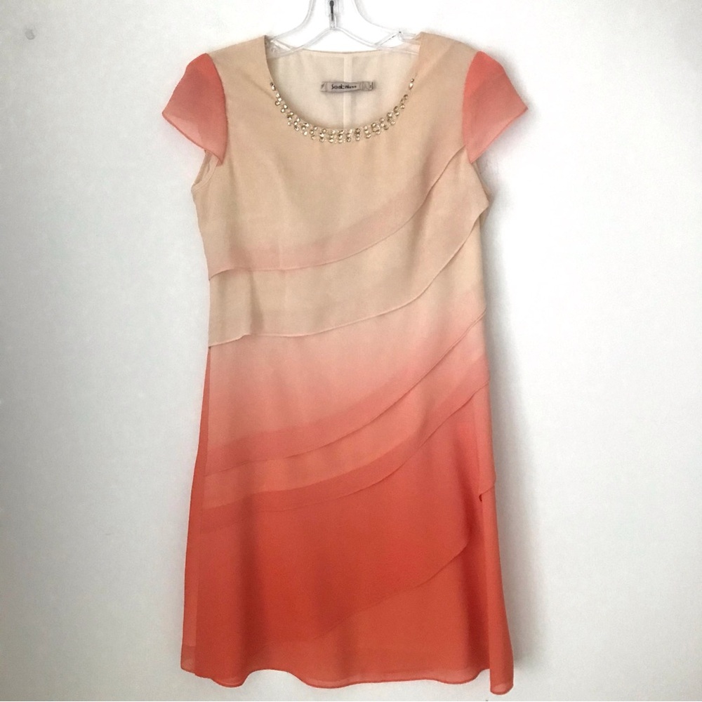 Like New! XS Peach Ombre Tiered Chiffon Dress with Beaded Neckline & Sid…